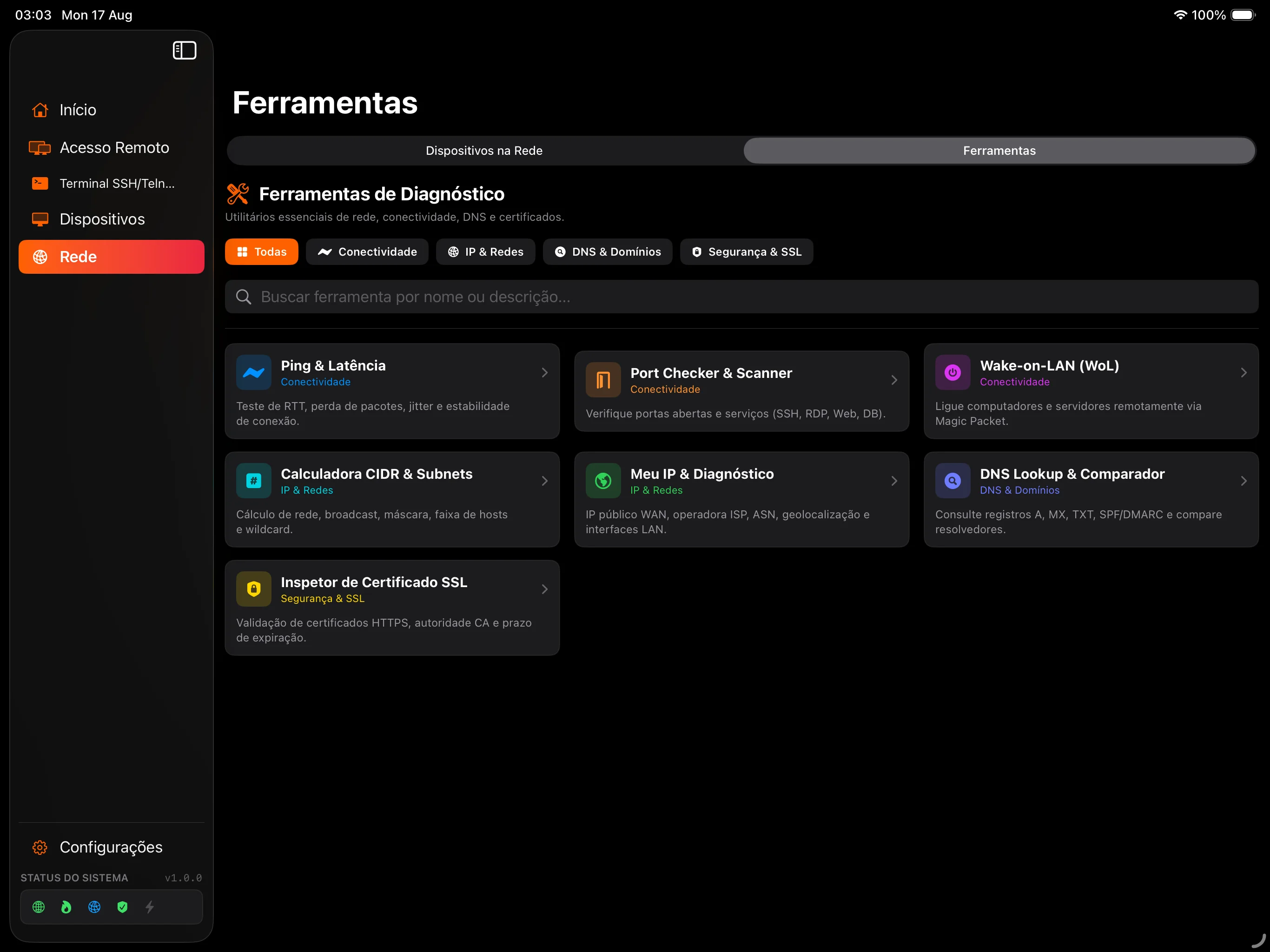 Ferramentas de rede do anyFire no iPad