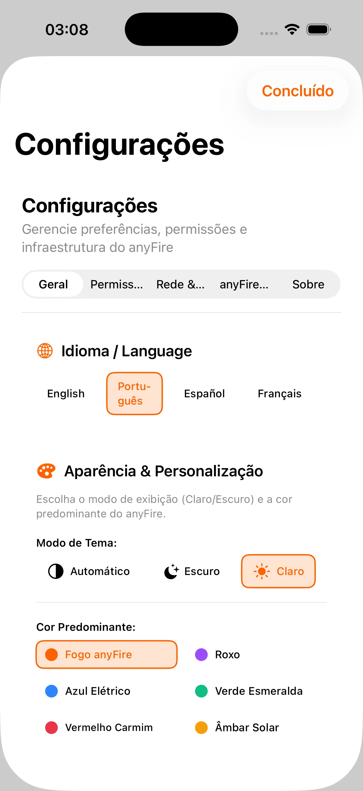 Tela de configurações do anyFire no iPhone