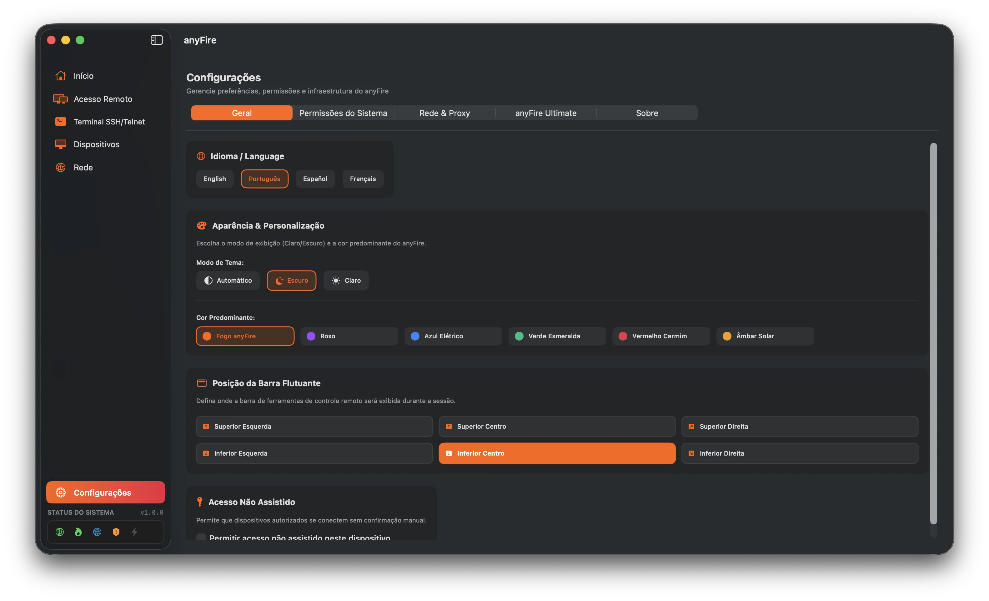 Configurações do anyFire no macOS